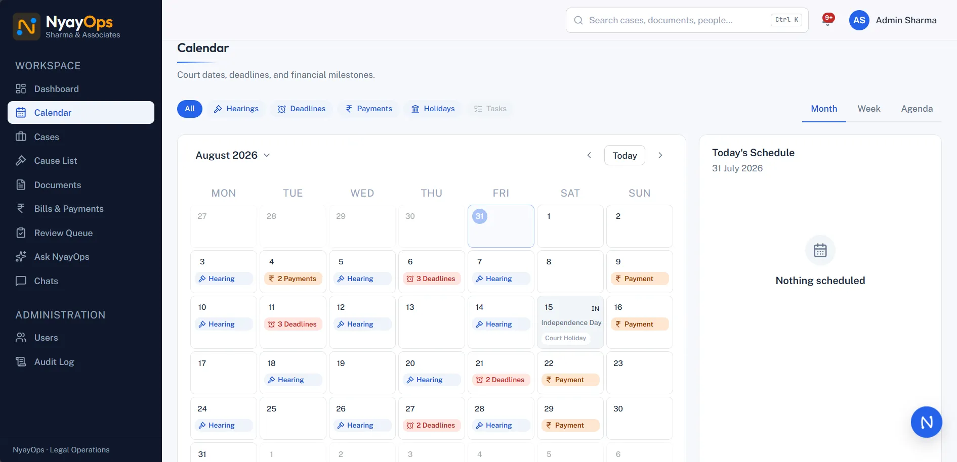 NyayOps calendar showing hearings, deadlines, and payments across the month, with today's schedule alongside